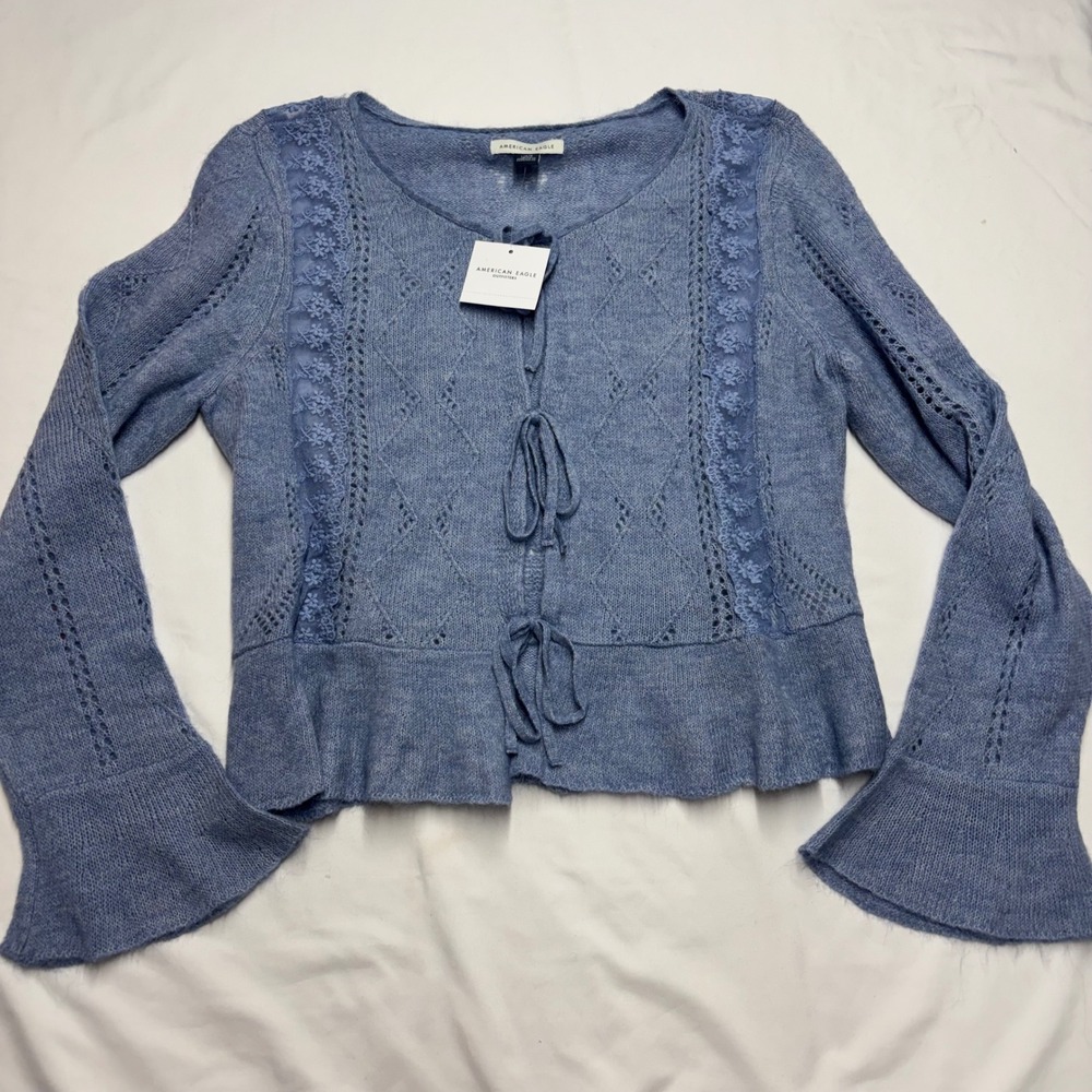 American Eagle Blue Lace Pointelle Tie Front Bell Sleeve Peplum Cardigan L NEW